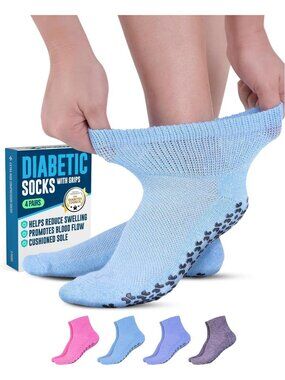 Comfortable Diabetic Ankle Socks with Grips for Men & Women - 4 Pairs Neuropathy